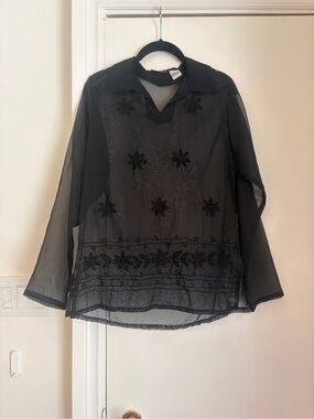 Vintage Sheer Black Floral Embroidered Women's Blouse